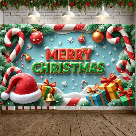 Festive Christmas Banner Colorful Holiday Backdrop Candy Cane Decor Snowflake Pattern Festive Background for Christmas Party Indoor Celebration Holiday Decoration