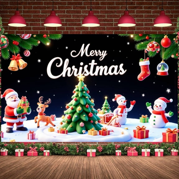 Festive Christmas Banner Colorful Xmas Backdrop Santa Claus Snowman Holiday Background for Christmas Party Indoor Decoration Family Gathering