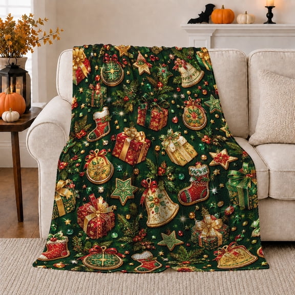 Festive Christmas Baubles Stars Holiday, Festive Holiday Scene, Cozy Flannel Blanket for Living Room and Family Room, Art Lovers Christmas Gift, Festive Home Decor
