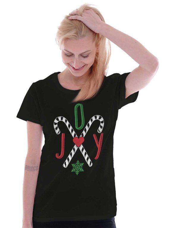 Festive Christmas Candy Cane Joy Womens Slim Fit Graphic Tee Brisco Brands S