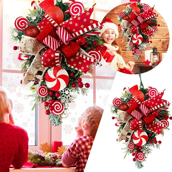 Festive Christmas Candy Wreath - Colorful Ribbon Garland Door Decoration with Hanging Rings, Holiday Tree & Mantel Decor, Durable Seasonal Hanging Ornament