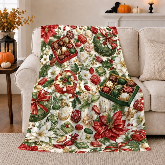 Festive Christmas Chocolate Box Poinsettia Collage Creamy Background, Festive Holiday Scene, Warm Flannel Blanket for Living Room and Reading Nook, Art Lovers Christmas Gift, Festive Home Decor