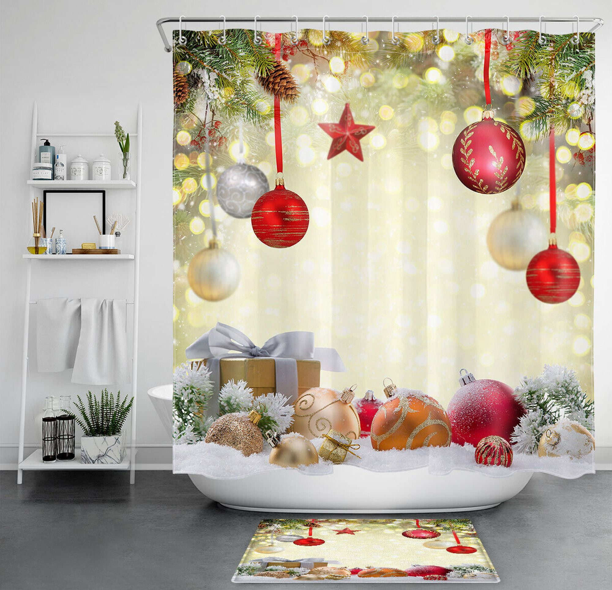 Festive Christmas Decor LED LightUp Ornaments Shower Curtain