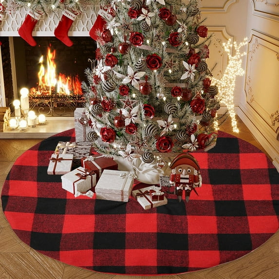 Festive Christmas Decorations Mini Tree Skirt, Plaid Fabric Cover for Christmas Tree Base, Charming Party Arrangement Accent, Soft and Durable Holiday Decor, Red, 1pcs