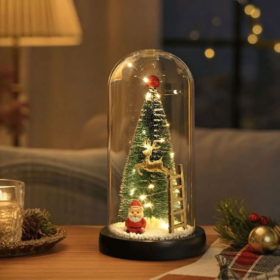 Festive Christmas Decorative Glass Dome Lighted Table Decor, Illuminated Cloche Freestanding Ornament, Christmas Micro‑scene Accent Piece for Mantel, Cabinet, Living Room Xmas Home Styling