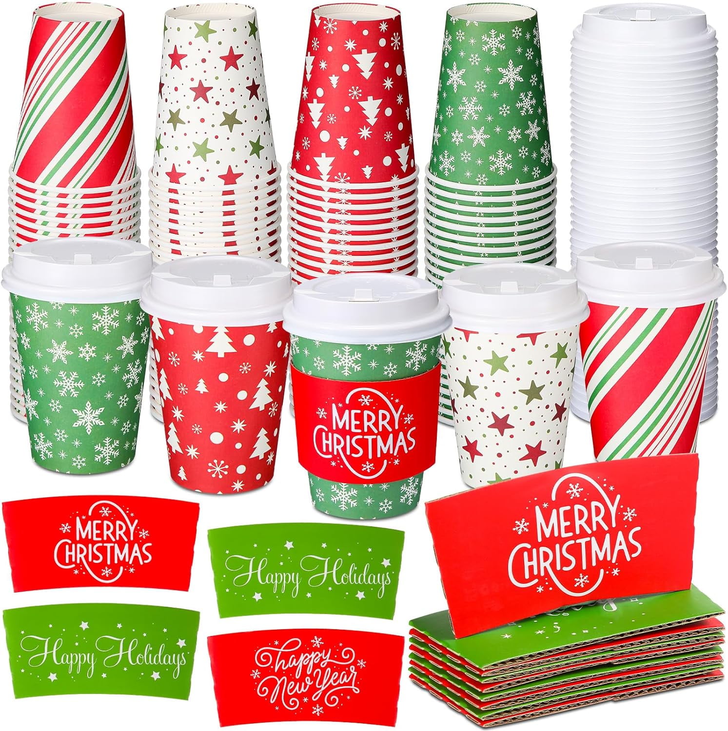 Festive Christmas Disposable Coffee Cups with Lids and Sleeves 100
