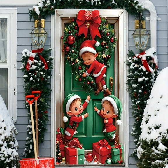 Taicans Festive Christmas Door Cover with Elves & Reindeer,78.74in x 35.43in,Durable Holiday Decoration for Front Door,Easy to Use,Perfect for Christmas Party & Home Decor,Great Gift for Christmas