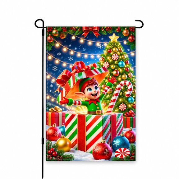 Festive Christmas Elf Garden Flag, 12 x 18 Inch, Holiday Outdoor Decor with Bright Lights and Christmas Tree Design for Yard, Lawn, Patio, or Porch
