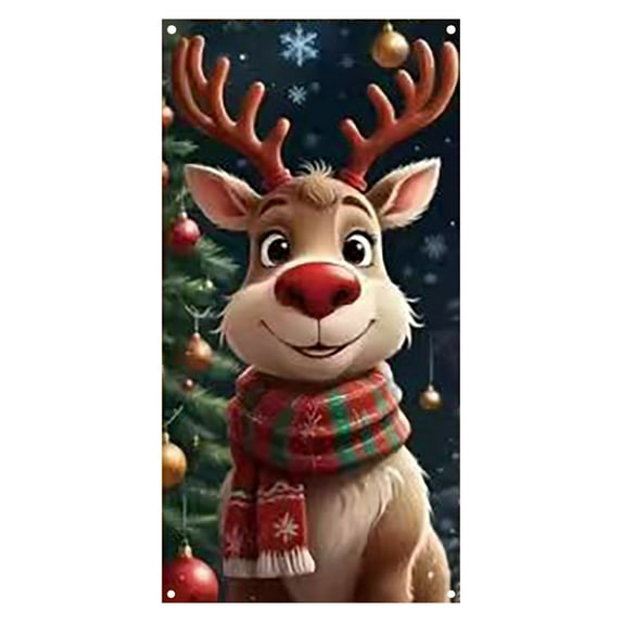 Festive Christmas Elk Door Banner Decorative Polyester Holiday Door Cover,Christmas Doors Cover Decor Front Doors Covers Xmas Hanging Banner Elk Background for Home Holiday