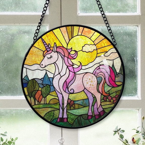 Festive Christmas Gift - Majestic Unicorn Round Xmas Stained Glass Hanging Ornament - Classic Christmas Tree Decoration, Great Holiday Gift for Dad, Mom, Family & Friends