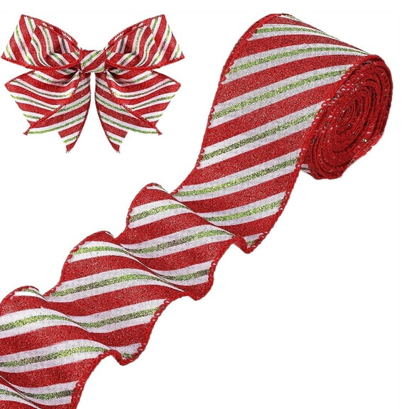 Festive Christmas Glitter Ribbon - 2.5 Inch Red & Green Striped Cloth for Gift Wrapping & DIY Craft Bows