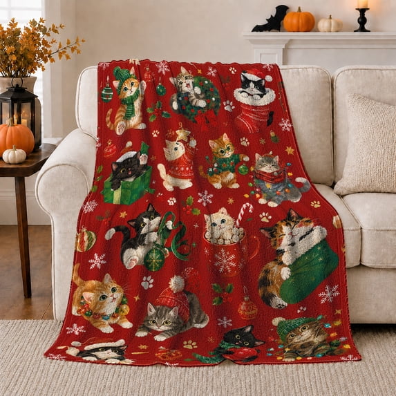 Festive Christmas Kitten Party Scene Elves Presents Red, Playful Pet Portrait Pattern, Warm Flannel Blanket for Living Room and Bedroom, Cat Lovers Christmas Gift, Pet Lover Home Decor