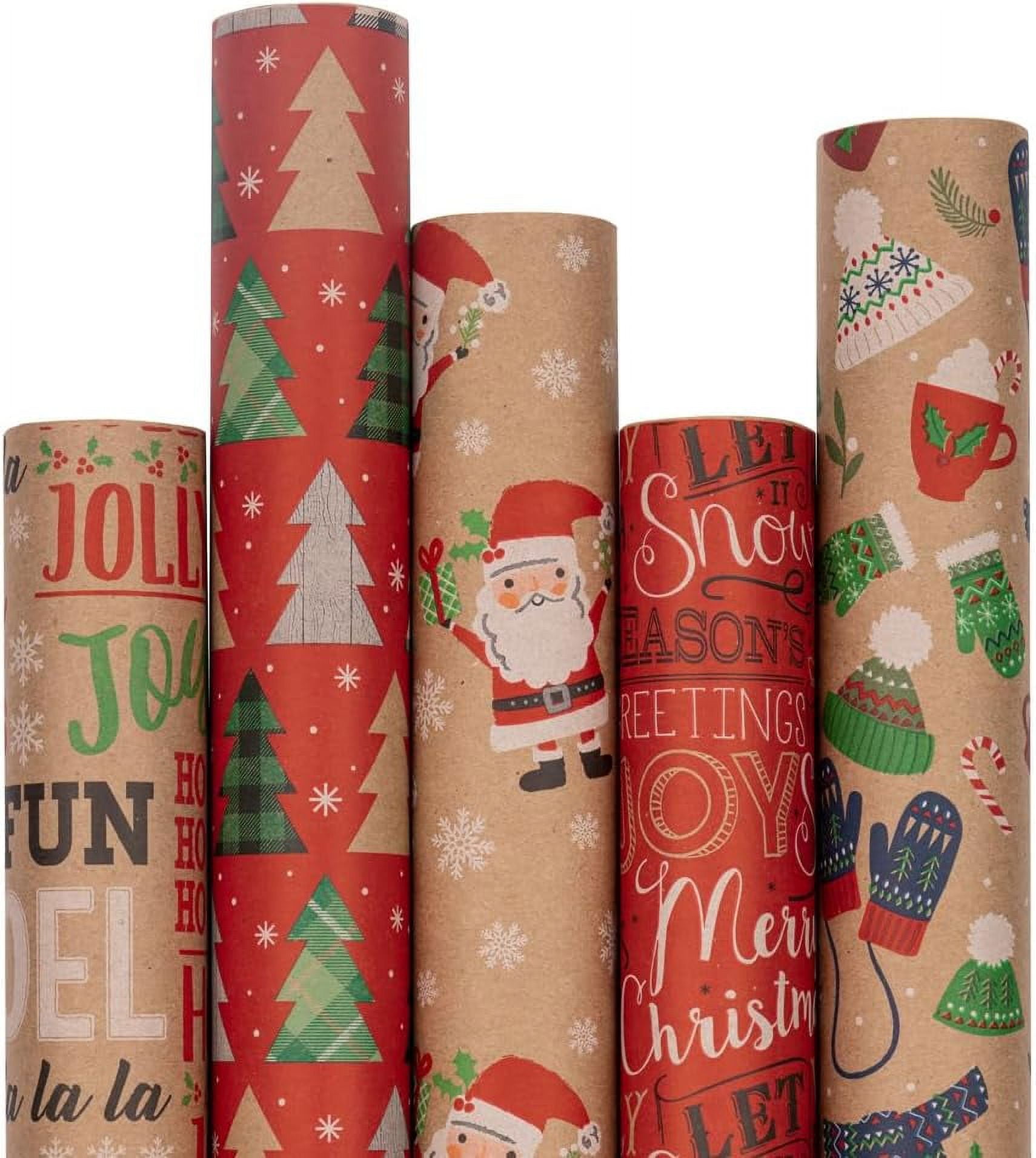 Festive Christmas Kraft Wrapping Paper Set - 125 Sq Ft Total - 5 Rolls ...