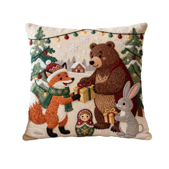 Festive Christmas Linen Pillow Cover, 18x18 inch Cute Graphic with Cute Animals, Decorative Holiday Accent for Living Room