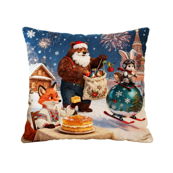 Festive Christmas Linen Pillow Cover, 18x18 inch Cute Graphic with Cute Animals, Decorative Holiday Accent for Living Room