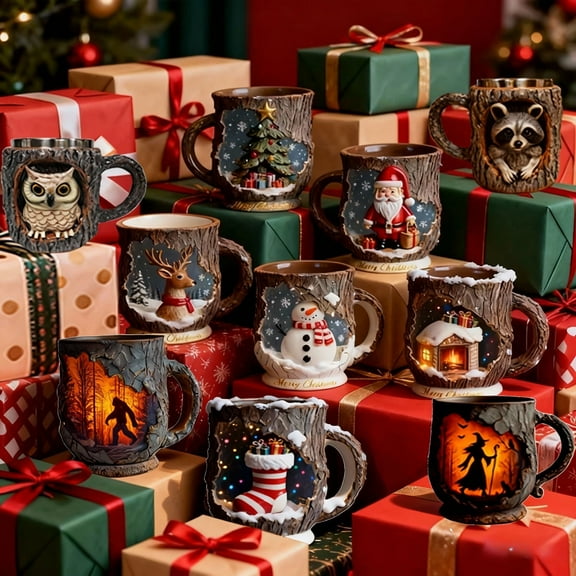 Christmas Magical Forest Crackle Mug Handmade Owl Tree Hole Mug 3D Relief Matte Bark Exterior 400ml Mugs Cute Mug for Coffee, Tea, Cocoa Cups JASKFLY