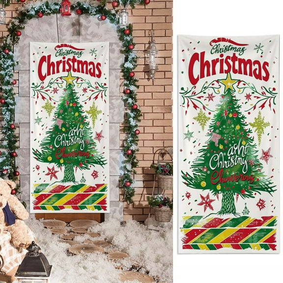 Festive Christmas Nylon Spandex Door Cover Decoration Atmospheres Hanging Backdrops Christmas Cartoon Santa Claus Snow Scenefor Indoor and Outdoor Christmas