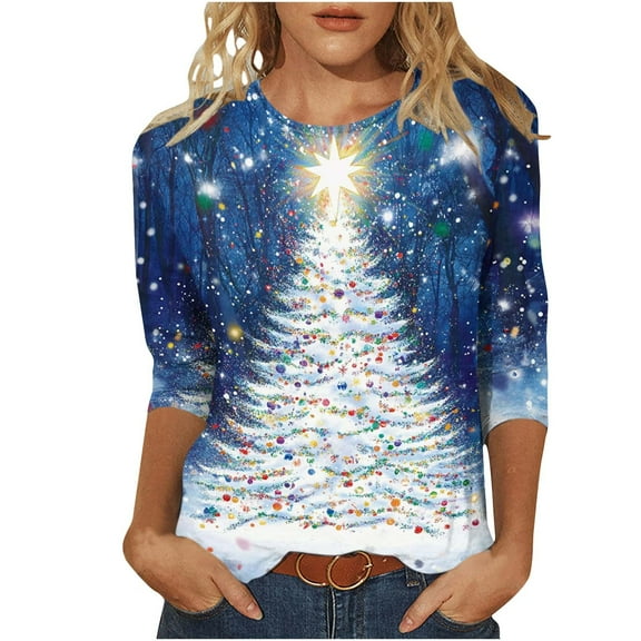 Festive Christmas Outfits for Women Xmas Tree Cute Print Tops Women's 3/4 Sleeve Tops Round Neck T Shirts Loose Fit Festival Clothing