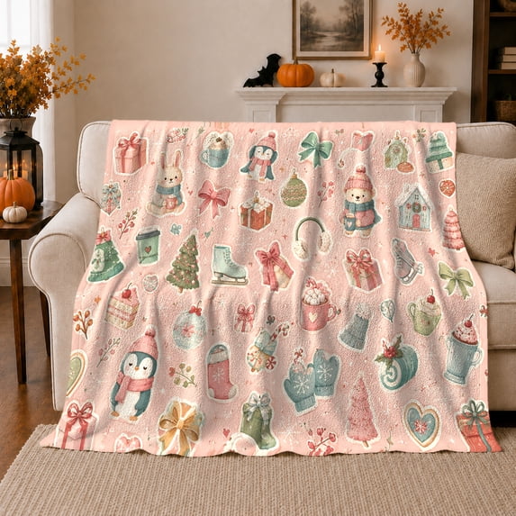 Festive Christmas Penguin Winter Scene, Festive Holiday Scene, Warm Flannel Blanket for Living Room and Reading Nook, Animal Lovers Christmas Gift, Festive Home Decor