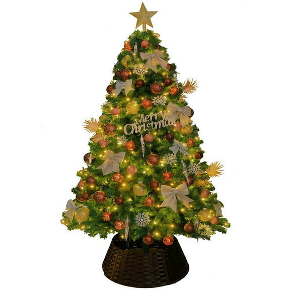 Festive Christmas Pine Tree with Folding Stand for Home Party Decorations with Assorted Ornaments LED String Lights and Under Tree Vine Fence