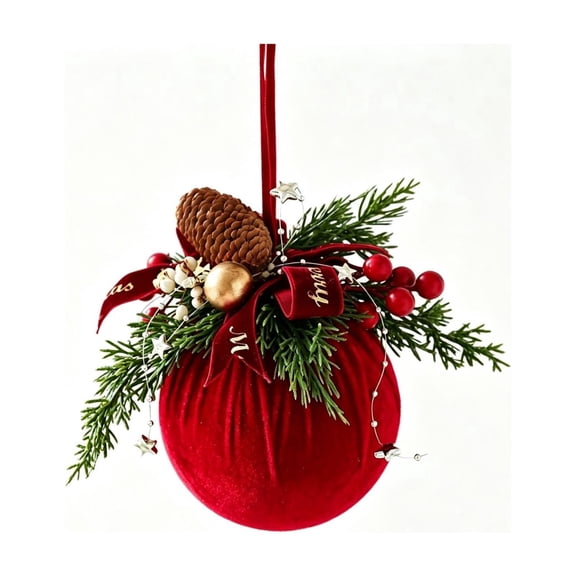 Festive Christmas Red Decorative Ornament Ball with Faux Pines and Berries Perfect for Holiday Decorations, Indoor Entryway, Wall, Centerpiece, and Gift Wrapping