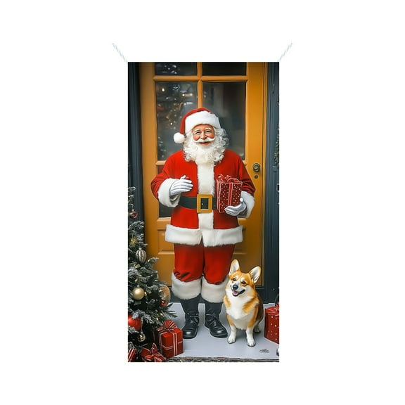 Festive Christmas Santa Claus Door Banner Decorative Fabric Holiday Door Cover with Dog, Perfect for Indoor and Outdoor Merry Christmas Decorations Photography Banner, 71 x 35in