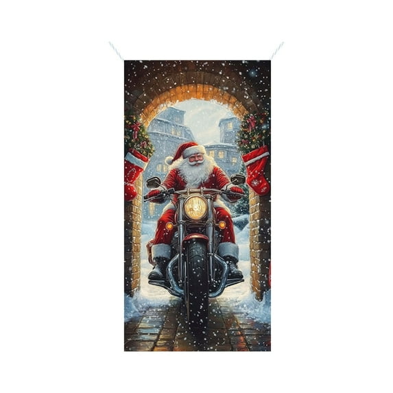 Festive Christmas Santa Claus Door Banner Decorative Fabric Holiday Door Cover with Motorcycle Print, Perfect for Indoor and Outdoor Merry Christmas Decorations Photography Banner, 71 x 35in