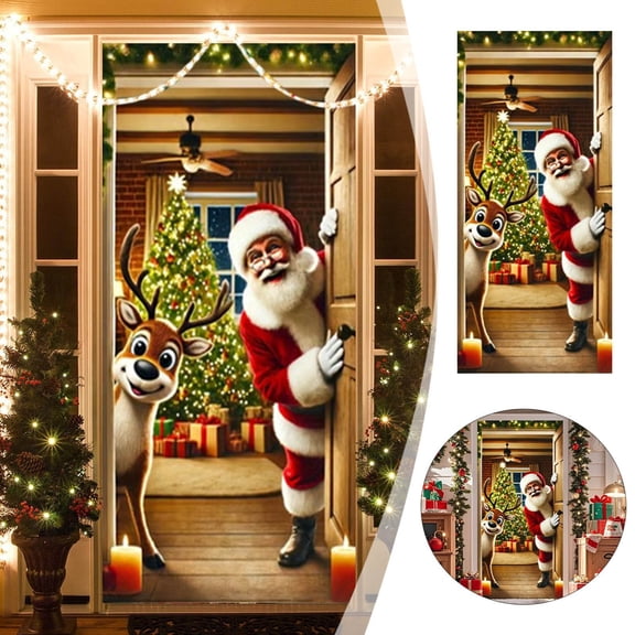 Festive Christmas Santa Claus Door Banner Decorative Polyester Holiday Door Cover with Christmas Tree and Dog, for Indoor and Outdoor Christmas Decorations 71 x 38in