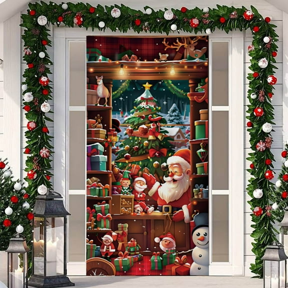 Festive Christmas Santa Claus Door Banner Decorative Polyester Holiday Door Cover, Perfect for Indoor and Outdoor Christmas Decorations 71 x 35IN