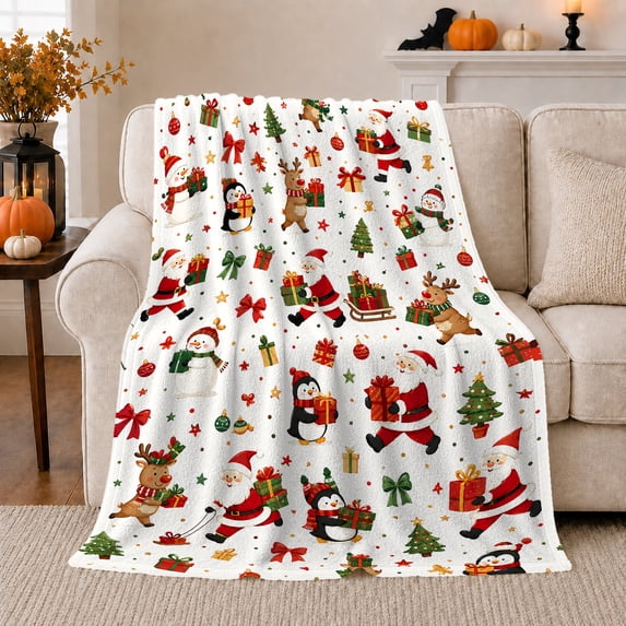 Festive Christmas Scene Joyful Cartoon Characters, Festive Holiday Scene, Warm Flannel Blanket for Living Room and Family Room, Art Lovers Christmas Gift, Festive Home Decor