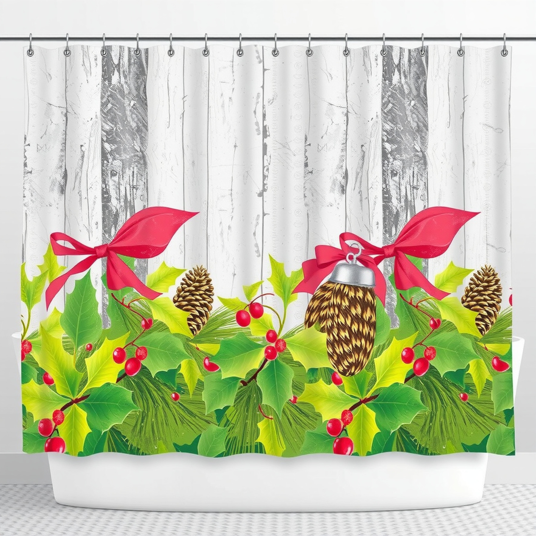 Festive Christmas Shower Curtain - Holiday Decor with Red Bows & Pine ...