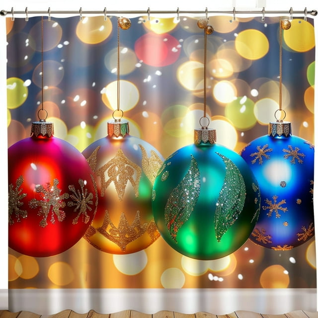 Festive Christmas Shower Curtain with Colorful Ornaments and Lights Bokeh Background Bright