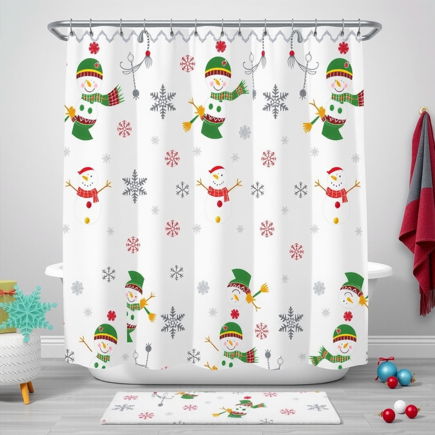 Festive Christmas Shower Curtain with Cute Snowmen & Snowflakes ...