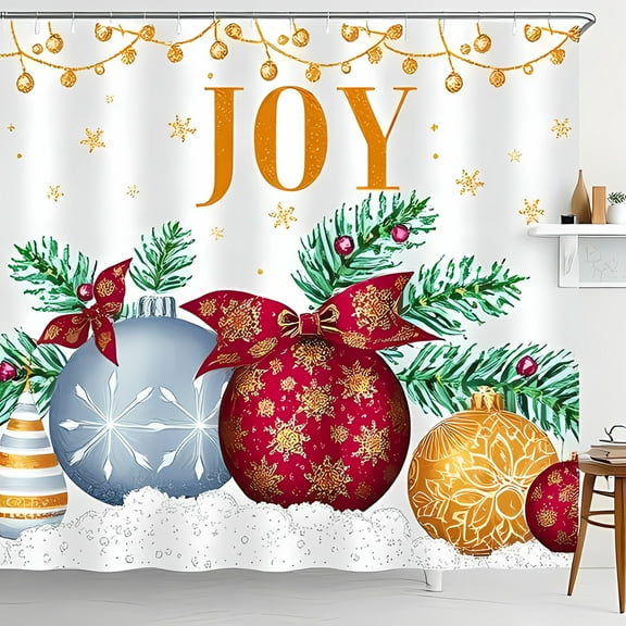 Festive Christmas Shower Curtain with Glittering Baubles JOY in Gold Snowflakes & Lights - Holiday Decor for Your Bathroom