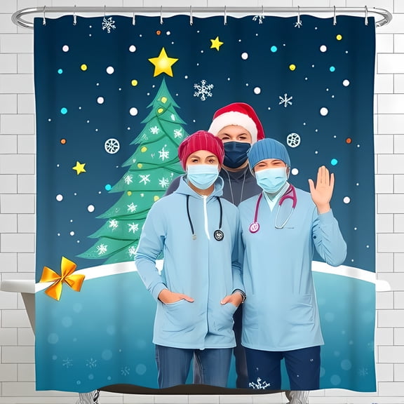 Festive Christmas Shower Curtain with Healthcare Professionals Cartoon Tree Snowflakes & Colorful Dots on Dark Teal Background