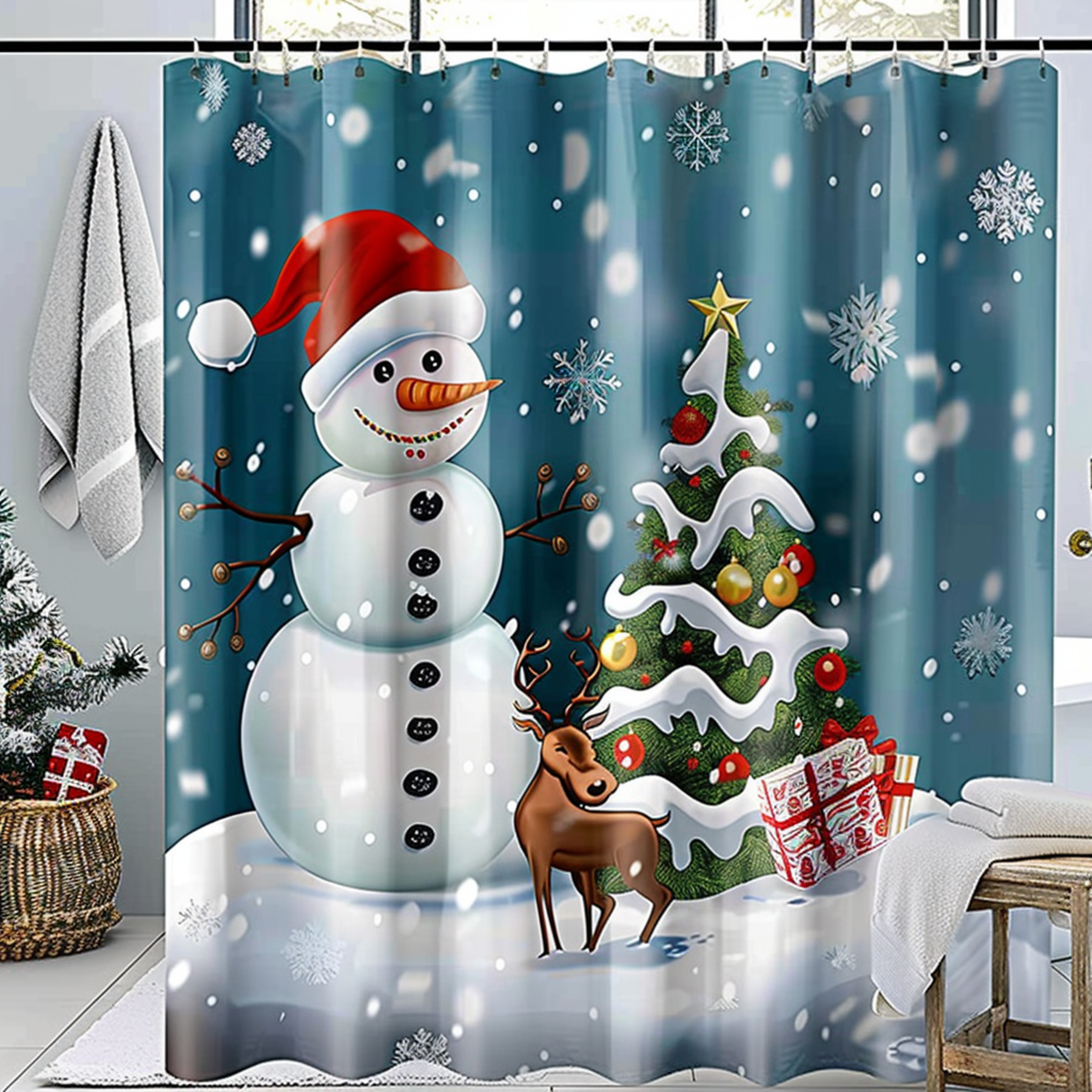 Festive Christmas Shower Curtain with Snowman Reindeer and Santa