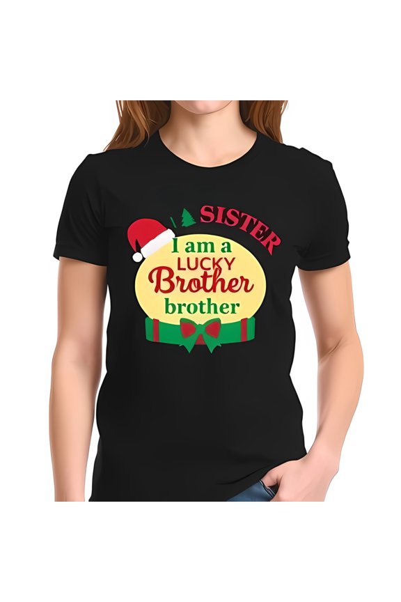 Festive Christmas Sister T-Shirt for Brothers - Black Cotton Short Sleeve Tee with Santa Hat & Lucky Brother Design