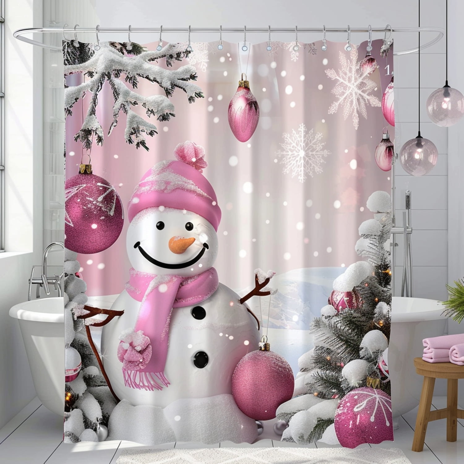 Festive Christmas Snowman Bathroom Decor Set with Pink Baubles and