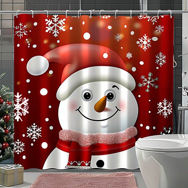 Festive Christmas Snowman Shower Curtain Set Red & White Bathroom Decor
