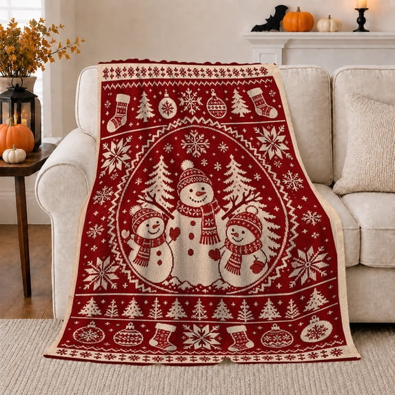 Festive Christmas Snowmen Evergreen Trees Holiday, Festive Holiday Scene, Warm Flannel Blanket for Living Room and Family Room, Art Lovers Christmas Gift, Festive Home Decor