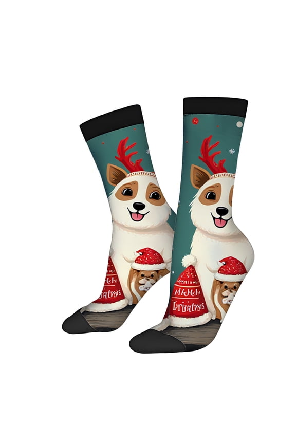 Festive Christmas Socks (2 Pairs) - Dark Green with Snowy Background Red Santa Hats & Ornaments Unisex Trendy Design Perfect for Holiday Cheer