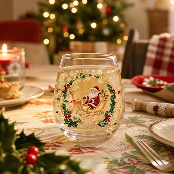 Festive Christmas Stemless Wine Glass, Santa Sleigh, Christmas Tree, Wreath Holiday Glass Tumbler, 420ml Clear Glass Cup for Eggnog, Warm Cocoa, Cocktails, Winter Table Decoration, Style C