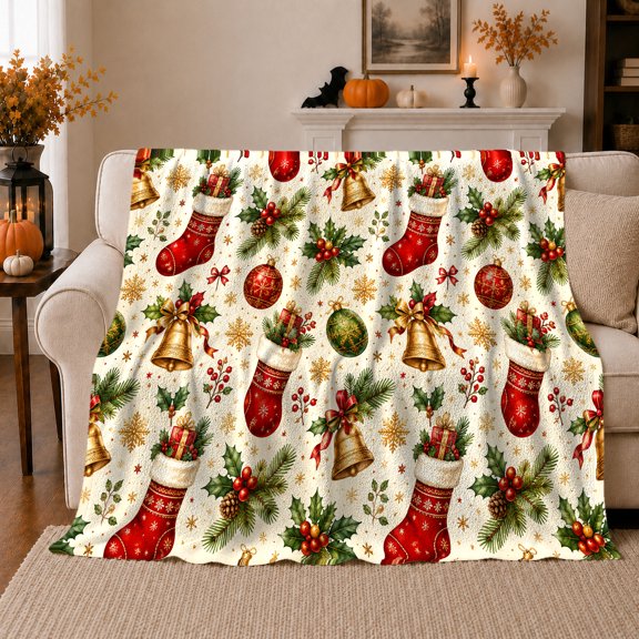 Festive Christmas Stocking Boxes Golden Bells, Festive Holiday Scene, Warm Flannel Blanket for Living Room and Reading Nook, Art Lovers Christmas Gift, Festive Home Decor