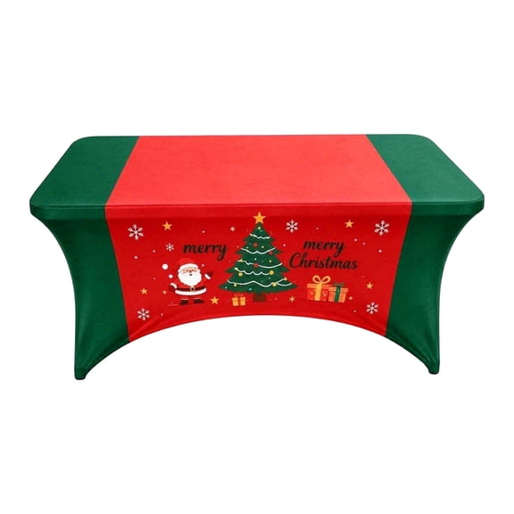 Festive Christmas Stretch Spandex Tablecloth for Rectangular Tables, Resistant Elastic Fitted Holiday Cover with Printed Pattern for Party Banquet Decor (Red-4FT)