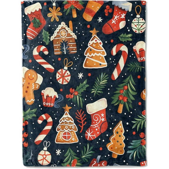 Festive Christmas Throw Blanket, Gingerbread Cookies Candy Canes Stocking Design, Rustic Holiday Decor Gift