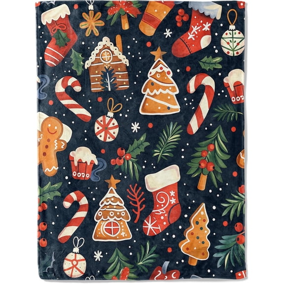 Festive Christmas Throw Blanket- Ultra Soft, Fleece, Lightweight,Gingerbread Cookies, Candy Canes, Stocking Blankets,for Couch Room Bedroom,Rustic Holiday Decor,Gifts for Kids Adult 40x50in