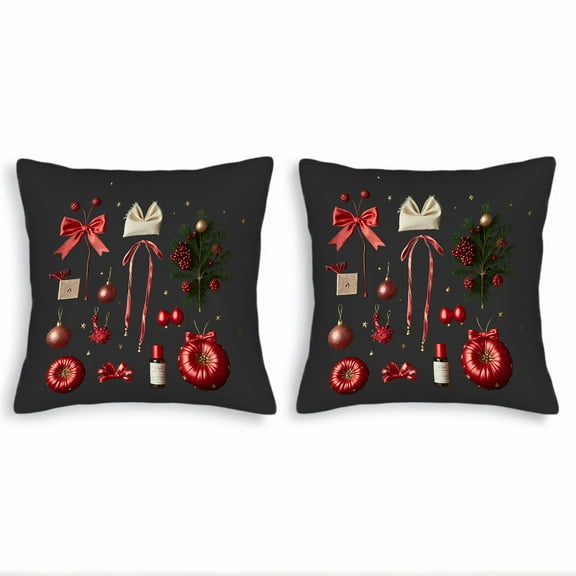 Festive Christmas Throw Pillow Covers 18x18in Set of 2 - Cheerful Holiday Design with Red Bows Ornaments & Pine Branches for Couch Bed Car