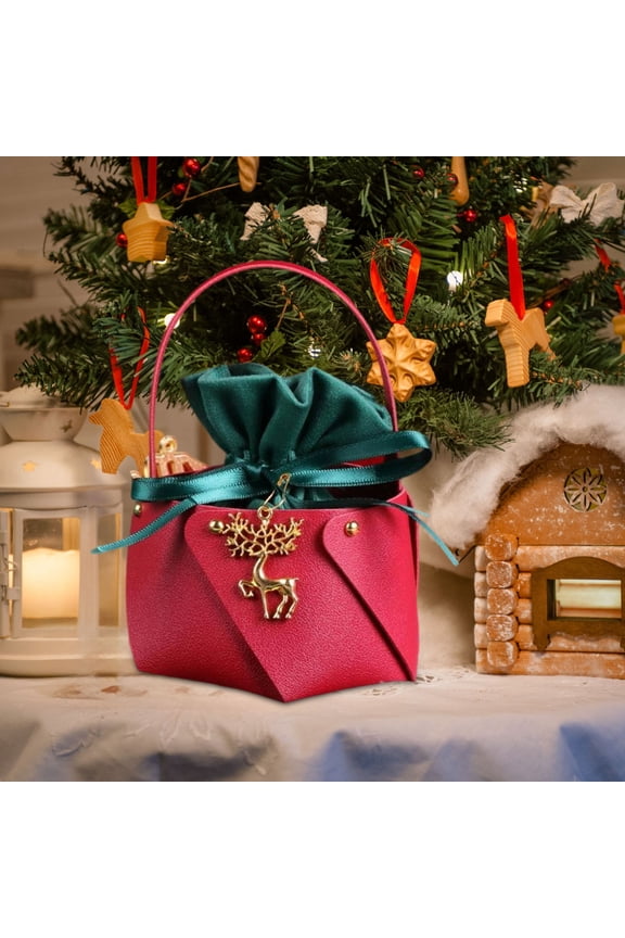 Festive Christmas Tote Bag for Gift Wrapping Small Gifts, Artificial Leather Reusable Holiday Shopping Bag with Handles for Candy Decor