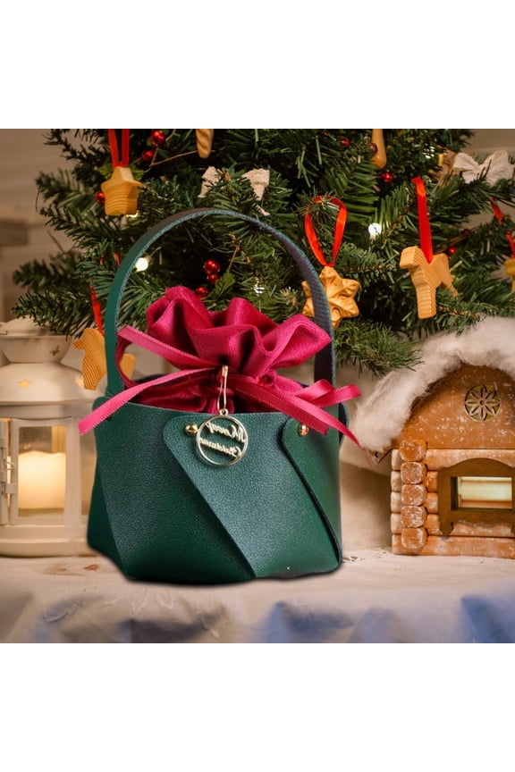 Festive Christmas Tote Bag for Gift Wrapping Small Gifts, Artificial Leather Reusable Holiday Shopping Bag with Handles for Candy Decor