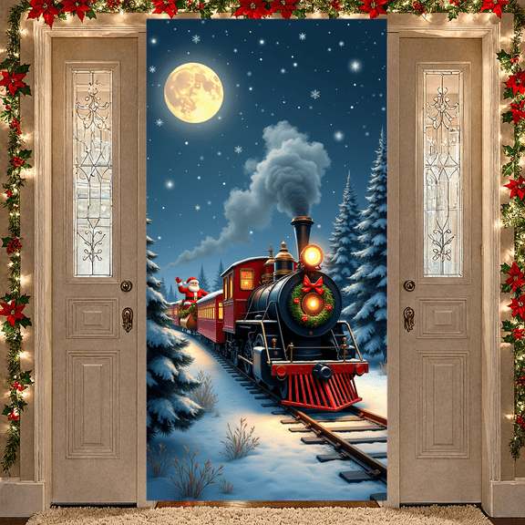Festive Christmas Train Banner Holiday Decoration Snowy Scene with Santa for Winter Celebration Outdoor Decoration Holiday Party